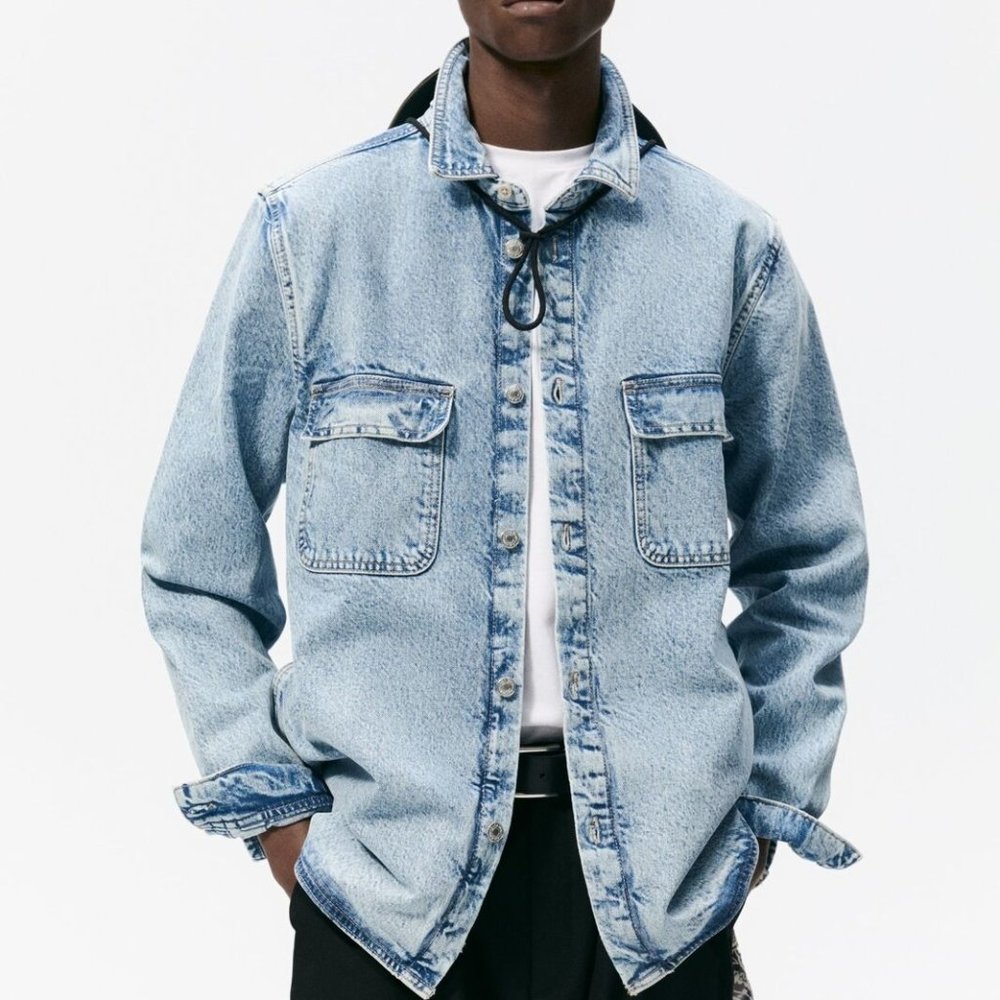 ZARA Denim Jean Shirt Jacket Overshirt Acid Stone Wash Men's Size XL H13514